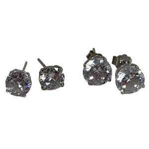 Two Pairs of 925 Sterling Silver Round CZ Stud Earrings 8mm 7mm Basket Prong Set